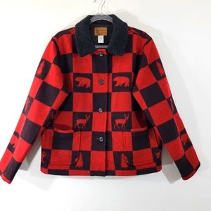 PENDLETON women's wool red buffalo check bear moose woodsy fall trucker coat USA